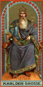 Voorstelling van Karel de Grote (742-814), koning van de Franken, de Lombarden en vervolgens keizer. Chromolithografie.