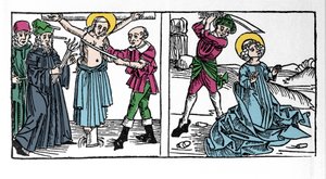 Voorstelling van het martelaarschap van Sint Seraphia (Serapia) (Seraphia van Syrië), christen uit de 2e eeuw. Gravure uit 