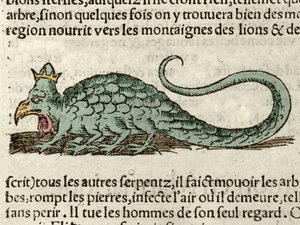 Voorstelling van het mythologische monster Basil. Houtsnede uit de Universele Kosmografie van Sebastien Munster. Bale door German School
