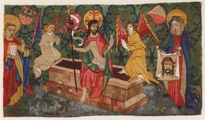 Opstanding van Jezus Christus, wandtapijt altaarfront, Aargau, Zwitserland, eind 15e eeuw (kleurenlitho)