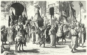 Terugkeer van een karavaan van pelgrims naar Mekka (gravure)
