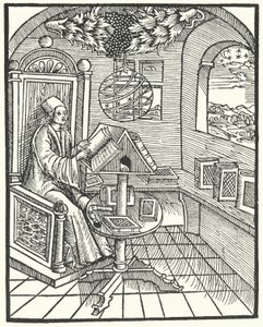 Kamerinterieur met een geleerde aan het werk, ca. 1500 door German School