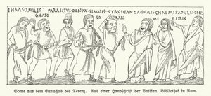 Scène uit Eunuchus (De Eunuch), komedie van de Romeinse toneelschrijver Terentius door German School