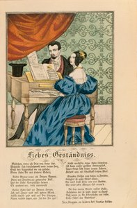Scène met een stel aan de piano, met een liefdesgedicht eronder, uit Neuruppiner Bilderbogen, 1850 door German School