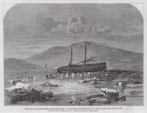 Schoener Germania bij Sabine Island aan de oostkust van Groenland, tweede Duitse Noordpool Expeditie, eind oktober 1869
