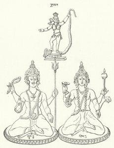 Shiva, Vishnu en Krishna, hindoegoden (gravure)