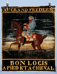 Wegwijzer met Frederik de Grote te paard voor de herberg Le Cadiot