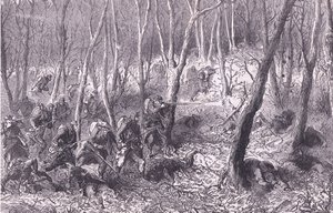 Schermutseling in de bossen buiten Parijs, Cassells Geschiedenis van de Oorlog tussen Frankrijk en Duitsland, uitgegeven door Cassell and Company Limited, ca. 1890