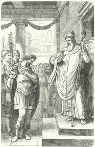 St. Ambrosius die keizer Theodosius I de toegang tot de kathedraal van Milaan ontzegt als straf voor het bloedbad van Thessaloniki, 390 door German School