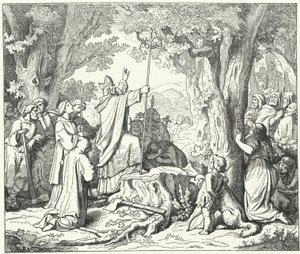 St. Bonifatius velt de eik van Donar, heilig voor de heidense Germanen (gravure)