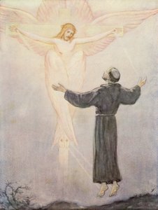 Franciscus ontvangt zijn stigmata (kleurenlitho) door German School