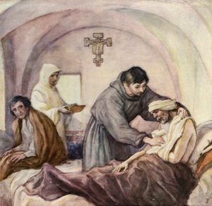 Franciscus aan het werk in het leprozenhospitaal in Gubbio (kleurenlitho)