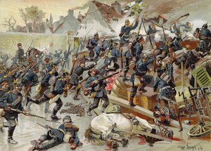 Bestorming van de grote barricade bij de ingang van Le Bourget door het Queen Elisabeth 3e Regiment Grenadier Guards, Frans-Pruisische Oorlog, 30 oktober 1870