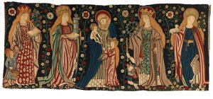Wandtapijt antependium dat St. Anna, de Maagd en Christus, en vier vrouwelijke heiligen uitbeeldt, uit Midden-Rijnland