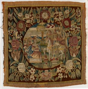 Wandtapijtkussenhoes met David en Abigail, Samuel XXV, mogelijk gemaakt in Hamburg, Duitsland, ca. 1615