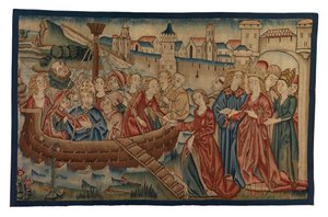 Tapijtpaneel met de ontmoeting van St. Ursula en Prins Artherius in Mainz, uit Midden-Rijnland, eind 15e eeuw (wol & metaalgaren)
