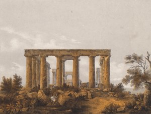 Tempel van Aphaea, Aegina, Griekenland (kleurenlitho)