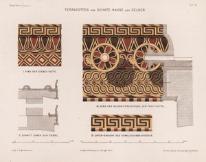Terracotta decoraties van de Schatkamer van Gela, Olympia, Griekenland (kleur litho) door German School