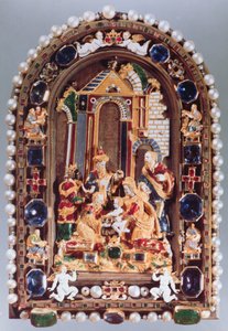De aanbidding van de koningen, reliëfplaat omlijst met miniatuurfiguren van de vier evangelisten en putti afgewisseld met saffieren, uit München door German School