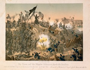 De Slag bij Dybboel in de Tweede Sleeswijkse Oorlog, op 18 april 1864, gepubliceerd door Verlag A. Felgner, Berlijn, 1864 door German School