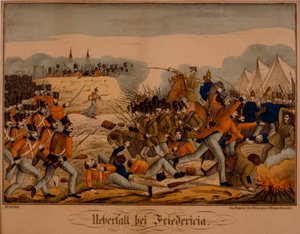 De Slag bij Fredericia tijdens de Eerste Sleeswijkse Oorlog, 6 juli 1849, Neuruppiner Bilderbogen, uitgegeven door Oehmigke & Riemschneider, ca. 1850 door German School