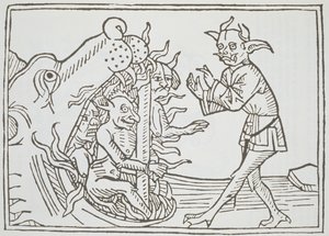 De Duivel Belial voor de Poorten van de Hel, uit Das Buch Belial, gepubliceerd in Augsburg, 1473 door German School