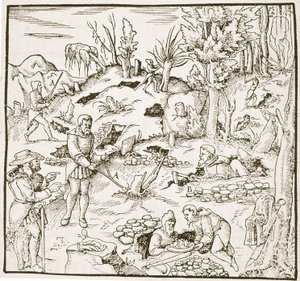 De wichelroede, uit Bergwerk Buch door Georg Agricola, Frankfurt 1580, geïllustreerd in een Geschiedenis van de Magie, gepubliceerd eind 19e eeuw