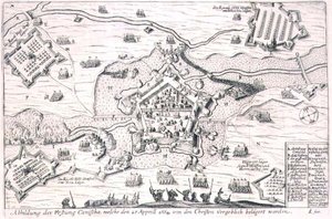 Het fort van Canischa tevergeefs belegerd door de christenen in 1664, illustratie uit een boek over de Ottomaanse campagnes in Europa, gegraveerd door Paul Furst door German School