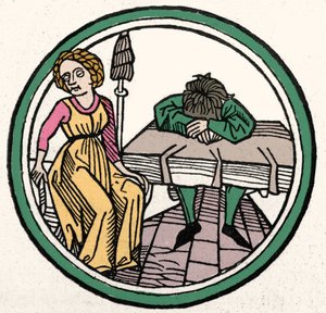 De vier temperamenten: Melancholisch (verdrietig en depressief) Xylografie, Augsburg 1480