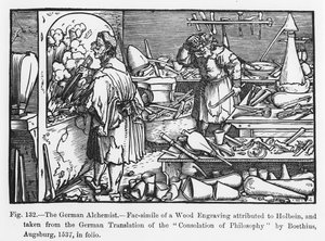 De Duitse alchemist, uit Consolation of Philosophy door Boethius, illustratie uit Science and Literature in the Middle Ages and Renaissance, geschreven en gegraveerd door Paul Lacroix, 1878