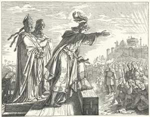De Heilige Roomse Keizer Otto III beschuldigt de Romeinen van ontrouw (gravure) door German School
