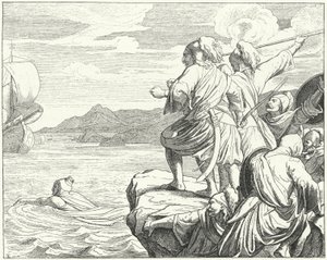 De Heilige Roomse Keizer Otto II ontsnapt aan de Grieken na zijn nederlaag in de Slag bij Stilo, 982 (gravure) door German School