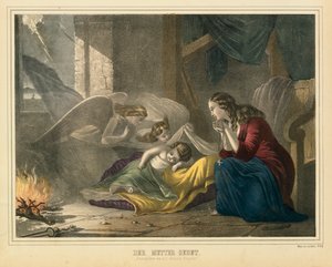 Het gebed van de moeder, picturaal pamflet uitgegeven door J. Scholz, Mainz, ca. 1850