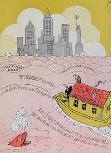 De nieuwe zondvloed in de oude wereld, cartoon verwijzend naar de Europese economische crisis van de jaren 1920, uit Kladderadatsch magazine, Berlijn, 1926