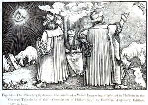 De Planetaire Systemen, uit De Troost van Filosofie door Boethius, gepubliceerd in 1537, illustratie uit Wetenschap en Literatuur in de Middeleeuwen en Renaissance, geschreven en gegraveerd door Paul Lacroix door German School