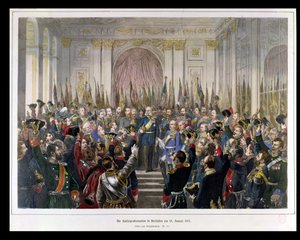De proclamatie van Wilhelm als keizer van het nieuwe Duitse Rijk, in de Spiegelzaal van Versailles op 18 januari 1871, 1871 (kleurgravure)