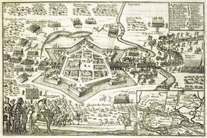 Het Beleg van Neuhausel door de Turken in 1663, illustratie uit een boek over de Ottomaanse campagnes in Europa, gegraveerd door Paul Furst (ca. 1605-66) door German School