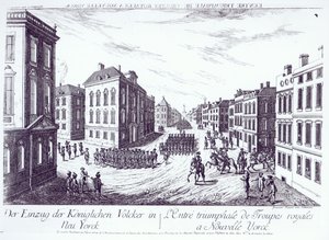De triomfantelijke intocht van de koninklijke troepen in New York, 1776, gegraveerd door Francois Xavier Habermann door German School