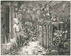Het leger van de Heilige Roomse Keizer Maximiliaan I bestormt Szekesfehervar, middeleeuwse hoofdstad van het Koninkrijk Hongarije