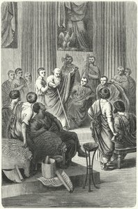 De blinde Appius Claudius Caecus spreekt in de Romeinse Senaat tegen Cineas, de ambassadeur van Pyrrhus van Epirus, 279 v.Chr. (gravure)