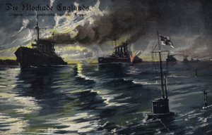 De blokkade van Engeland, Eerste Wereldoorlog (kleurenlitho) door German School