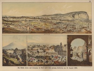 De steden Arica en Arequipa in Peru na de grote aardbeving van 13 augustus 1868
