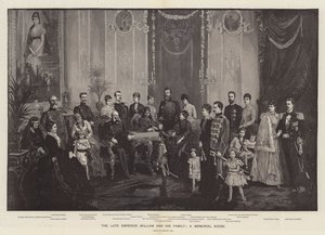 De overleden keizer Wilhelm en zijn familie, een herdenkingsscène (gravure)