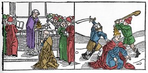 Het martelaarschap van Sint Fabianus (3e eeuw), paus gemarteld en vervolgens onthoofd, onder het bewind van keizer Decius. Gravure uit 