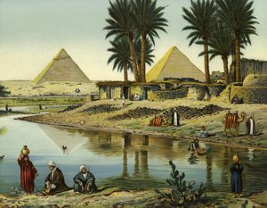 De piramides van Gizeh (chromolitho)