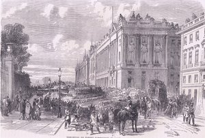 Straatbarricades opwerpen in Parijs, Cassells Geschiedenis van de oorlog tussen Frankrijk en Duitsland uitgegeven door Cassell and Company Limited, ca. 1890 door German School