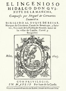 Titelpagina van de eerste editie van de roman Don Quichot, door Miguel de Cervantes (gravure)