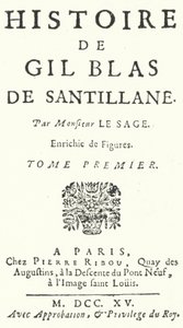 Titelpagina van de eerste editie van Gil Blas door de Franse romanschrijver en toneelschrijver Alain-Rene Lesage, gepubliceerd in 1715