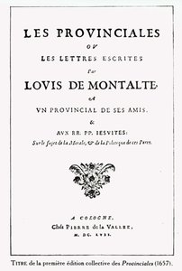 Titelpagina van Les Provinciales door Blaise Pascal (1623-62), Amsterdam, 1657 door German School