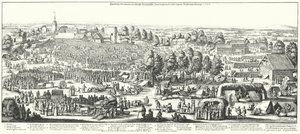 Reizigers bezoeken de geneeskrachtige bronnen in het dorp Hornhausen, 1646 (gravure) door German School